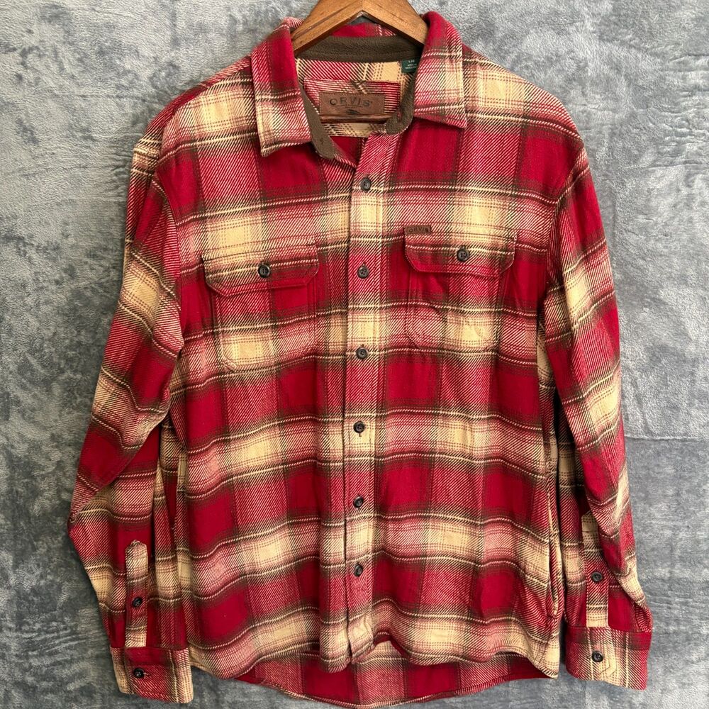 Orvis Large L Red Plaid Heavyweight Flannel Shirt Jacket Shacket Cabin Gorpcore